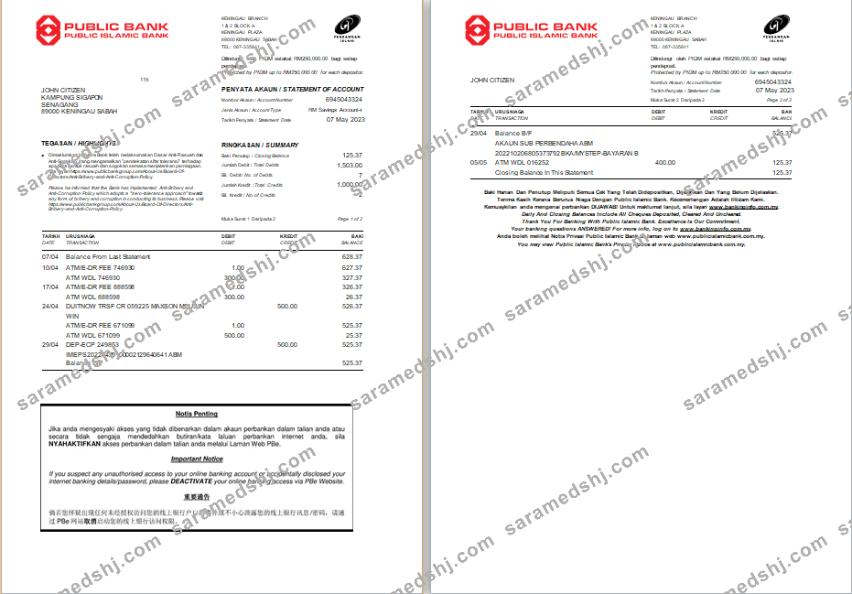Malaysia Public Islamic Bank statement Word and PDF template, 2 pages
